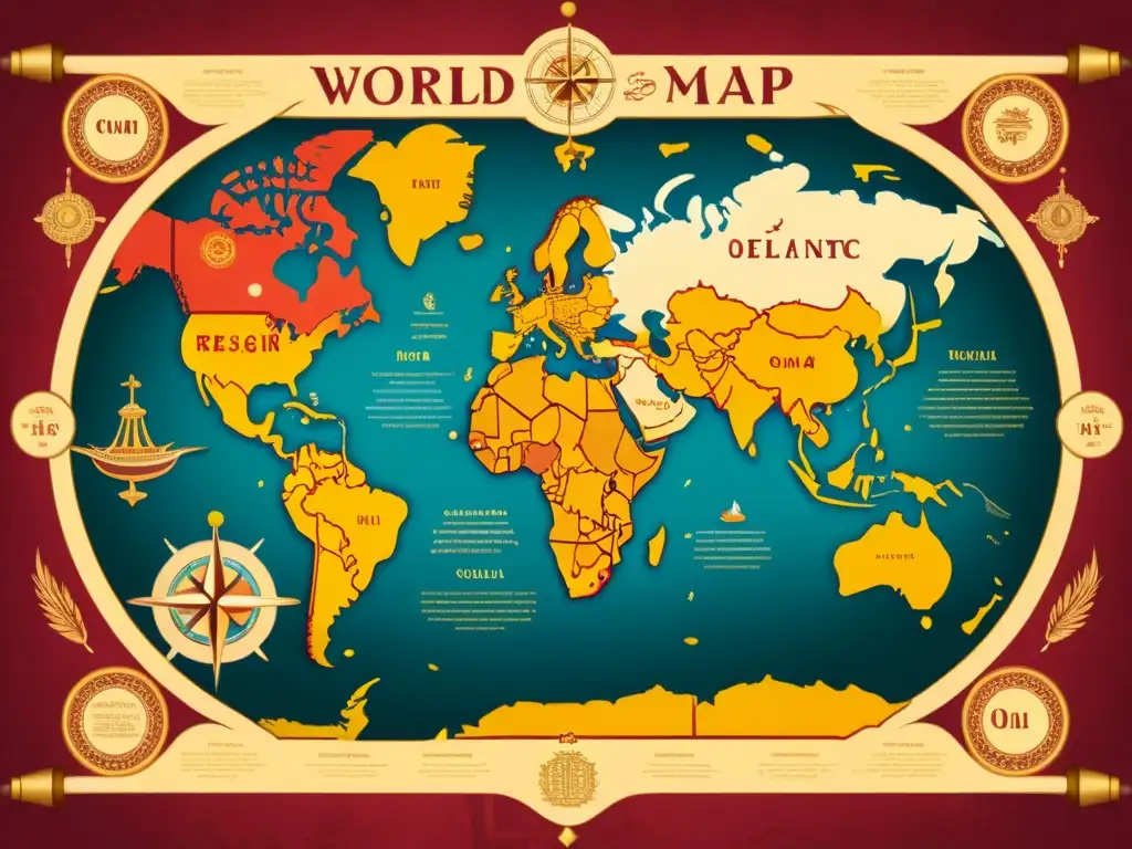 Mapa del mundo vintage ilustrado con detalles culturales y dialectos en colores vibrantes