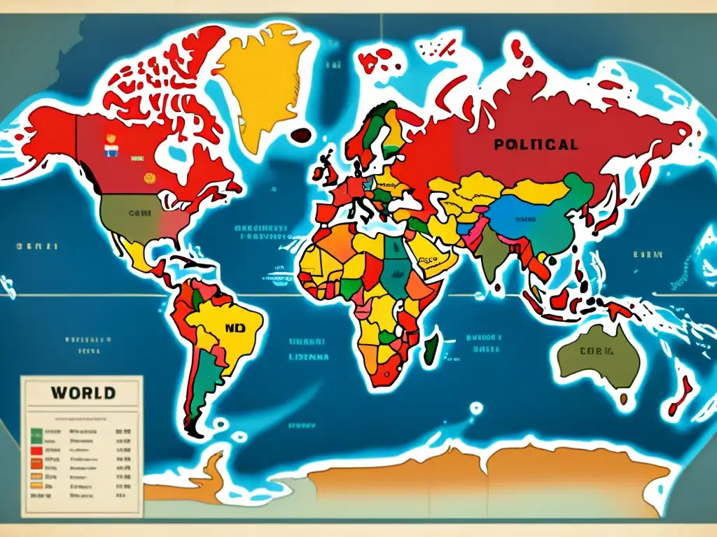 Mapa político vintage del mundo resaltando países en varios idiomas, reflejando la influencia de políticas lingüísticas en relaciones internacionales