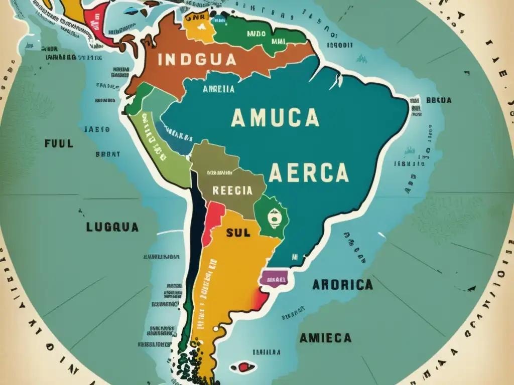 Mapa vintage vibrante de Sudamérica con diversidad lingüística impactante y globalización cultural