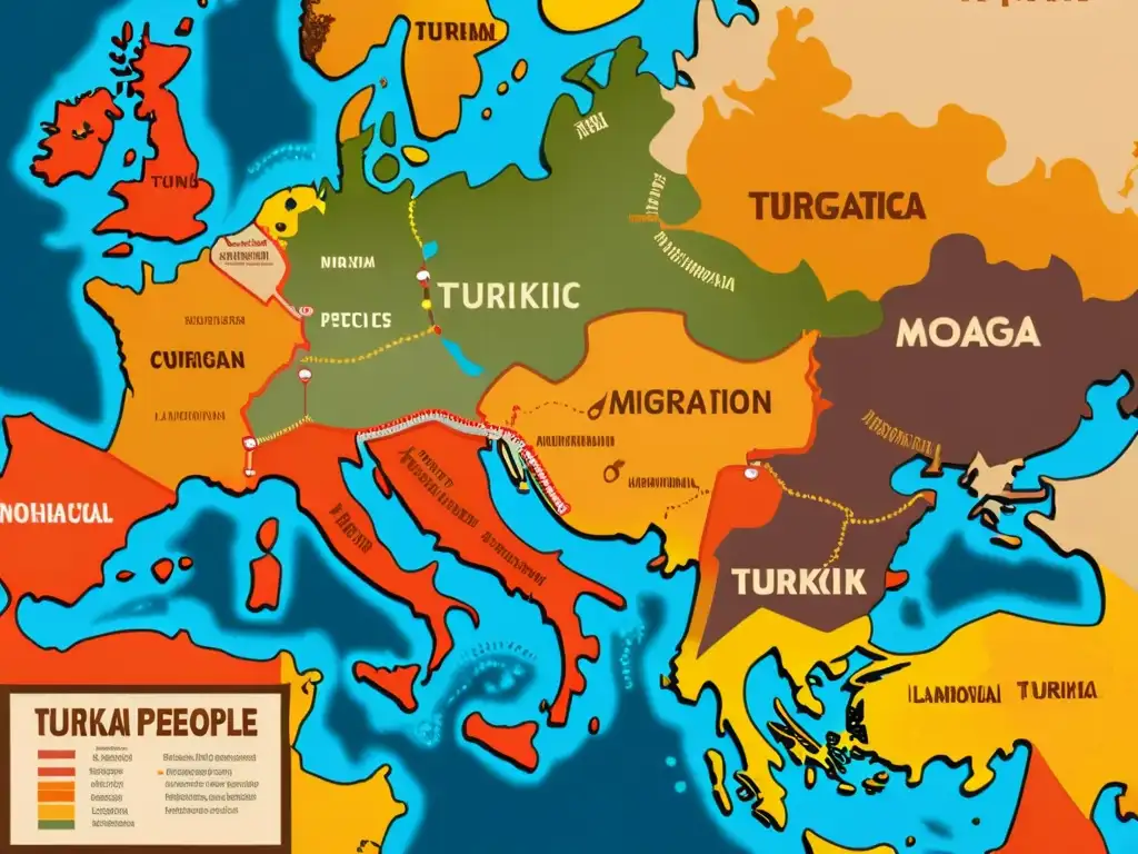 Mapa vibrante de las rutas migratorias históricas de los pueblos túrquicos, con detalles intrincados y cálidos tonos terrosos, evocando su impacto en el desarrollo de lenguas túrquicas