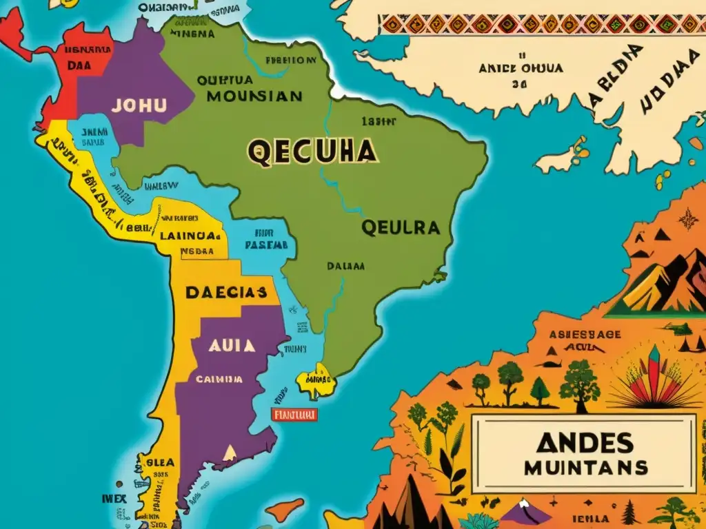 Mapa vintage de la región andina con ilustraciones detalladas de textiles y patrones que representan la diversidad de los dialectos Quechua