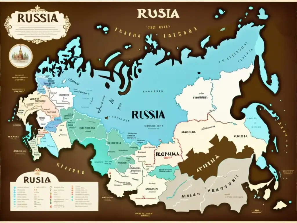 Mapa vintage de Rusia con anotaciones detalladas de dialectos regionales, evocando historia y tradición