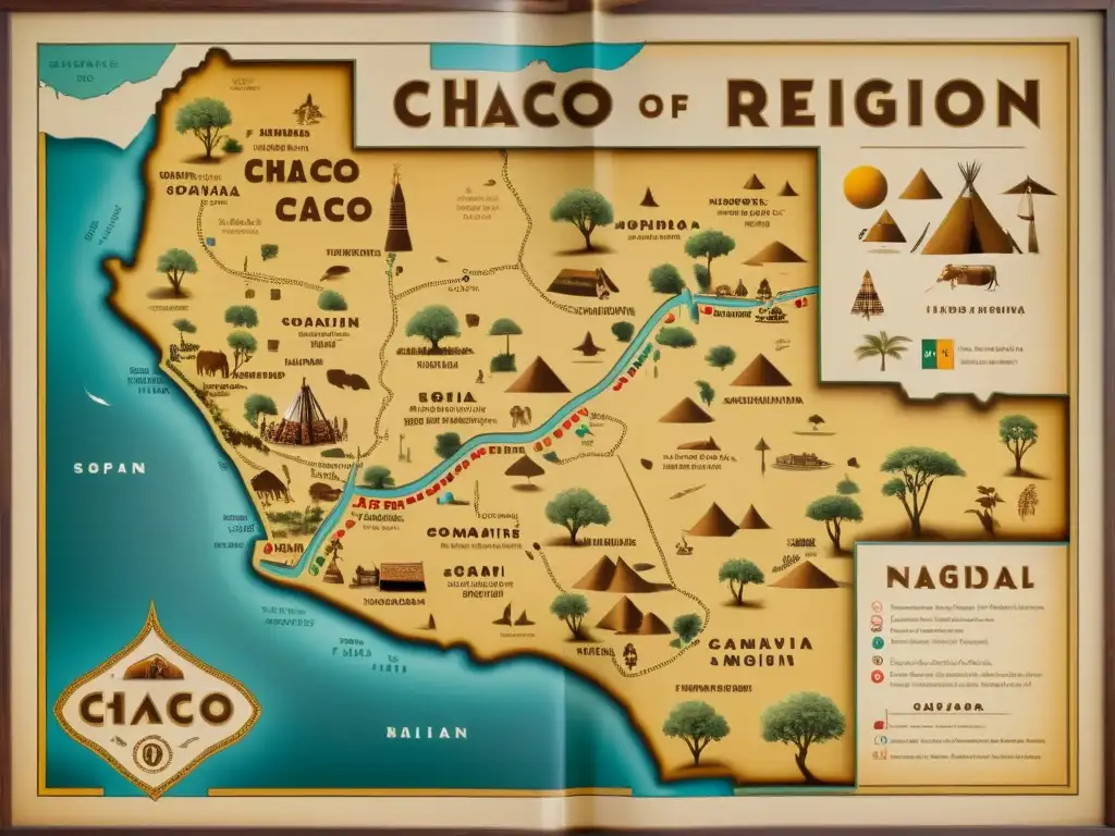 Mapa vintage detallando asentamientos indígenas, distribución lingüística y uso de posposiciones