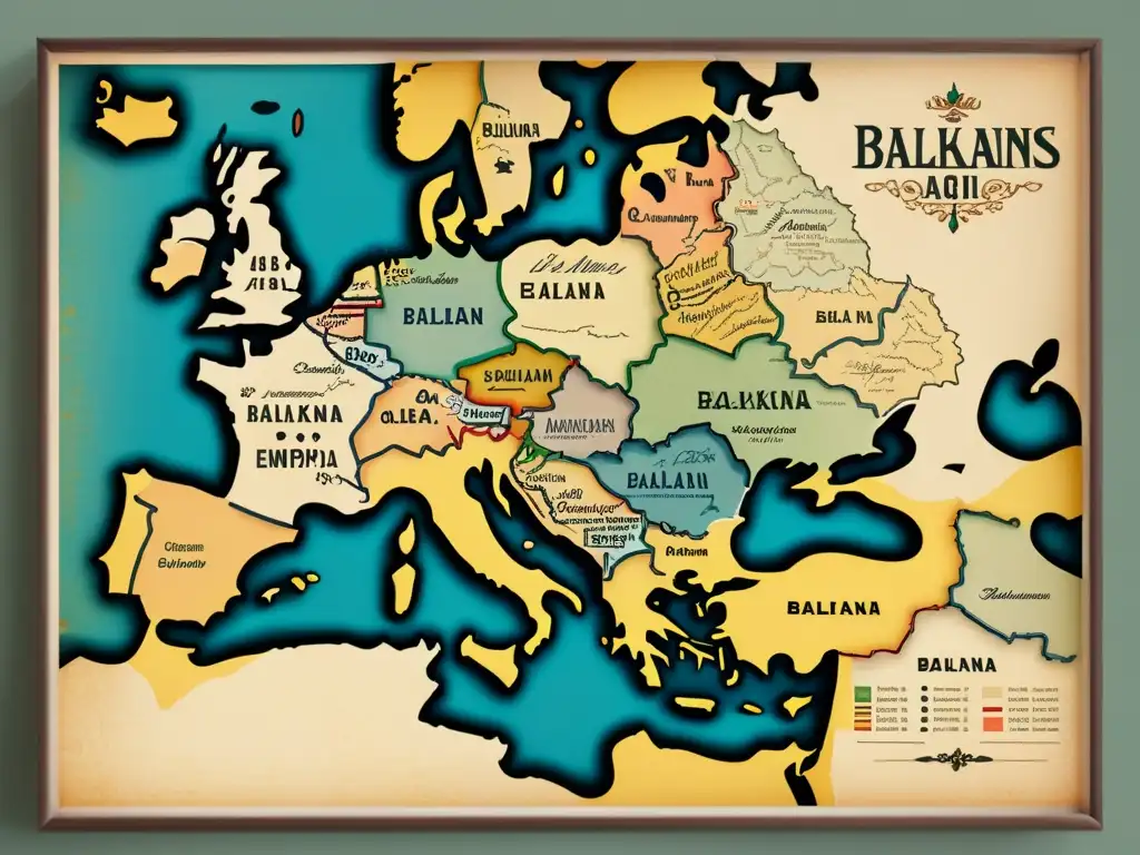 Mapa vintage de los Balcanes con influencias lingüísticas del Imperio Otomano, detalles intrincados y colores desgastados