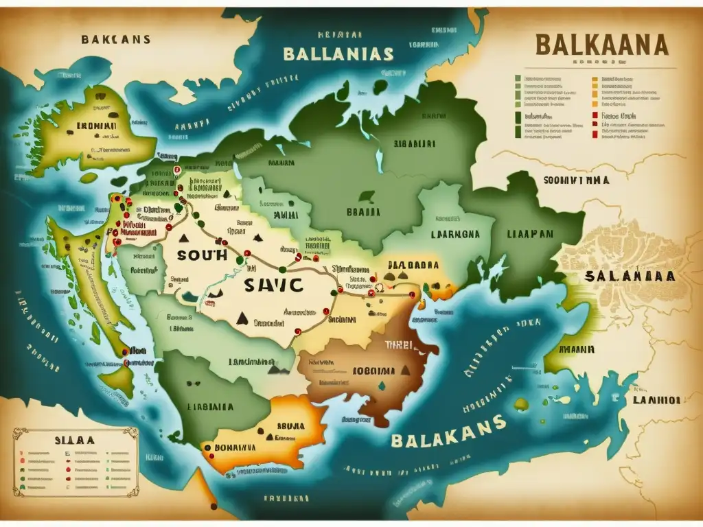 Mapa vintage de los Balcanes, con los orígenes de las lenguas eslavas del sur y detalles históricos