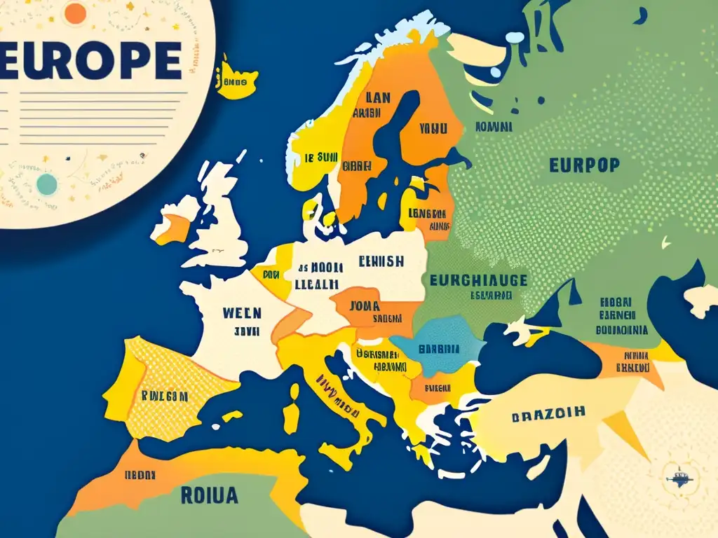 Mapa vintage de Europa con burbujas de idiomas entrelazados, destacando la interacción del inglés con lenguas europeas