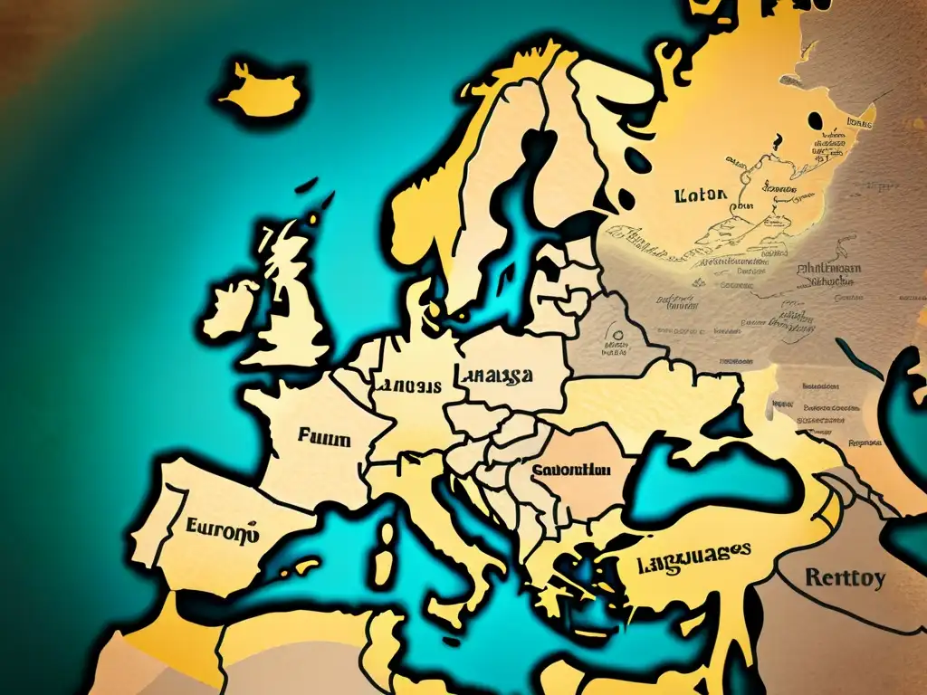 Mapa vintage de Europa con caligrafía detallada de lenguas romances