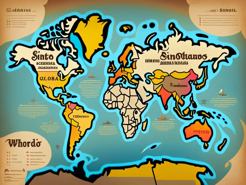 Mapa vintage con caligrafía detallada y coloridas ilustraciones de la presencia de idiomas sinotibetanos en la toponimia mundial