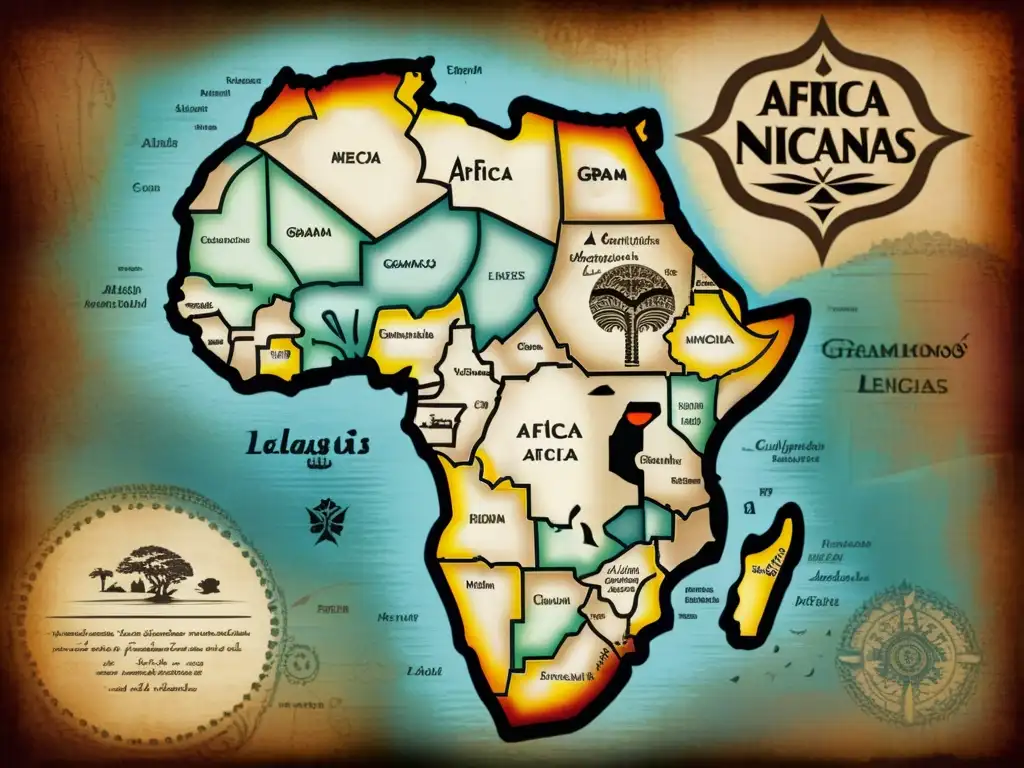 Un mapa vintage de África con caligrafía y símbolos culturales que representan la diversidad lingüística, evocando historia y herencia