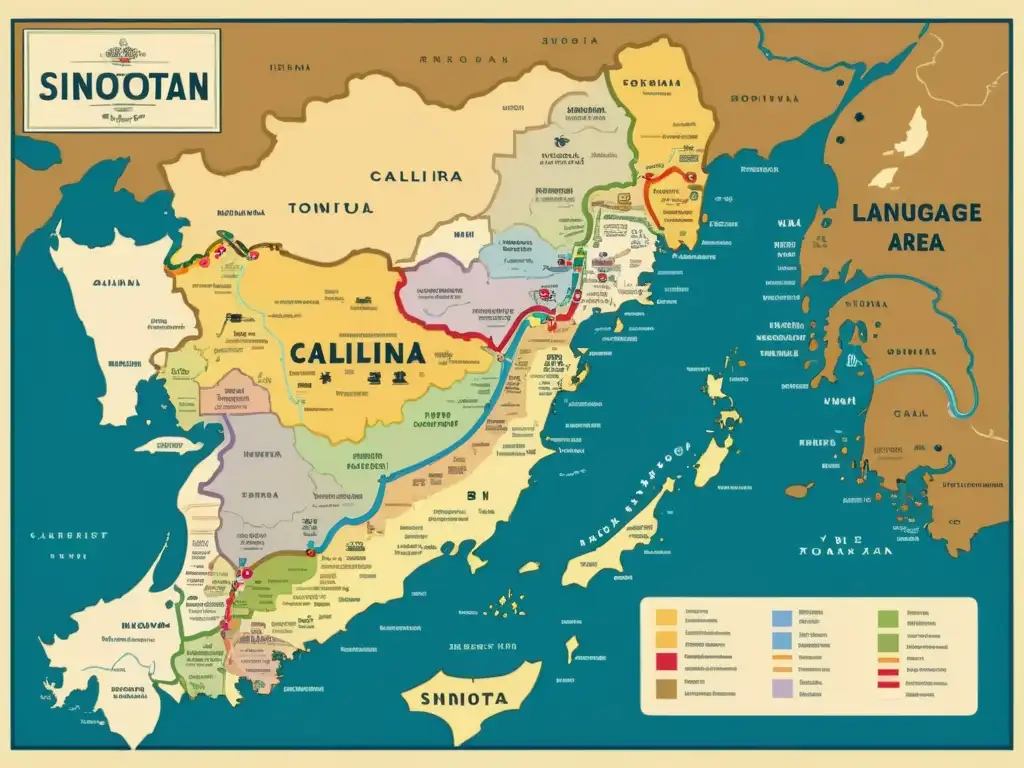 Mapa vintage de cambios tonales en lenguas SinoTibetanas, con ricos detalles culturales y tonos sepia nostálgicos