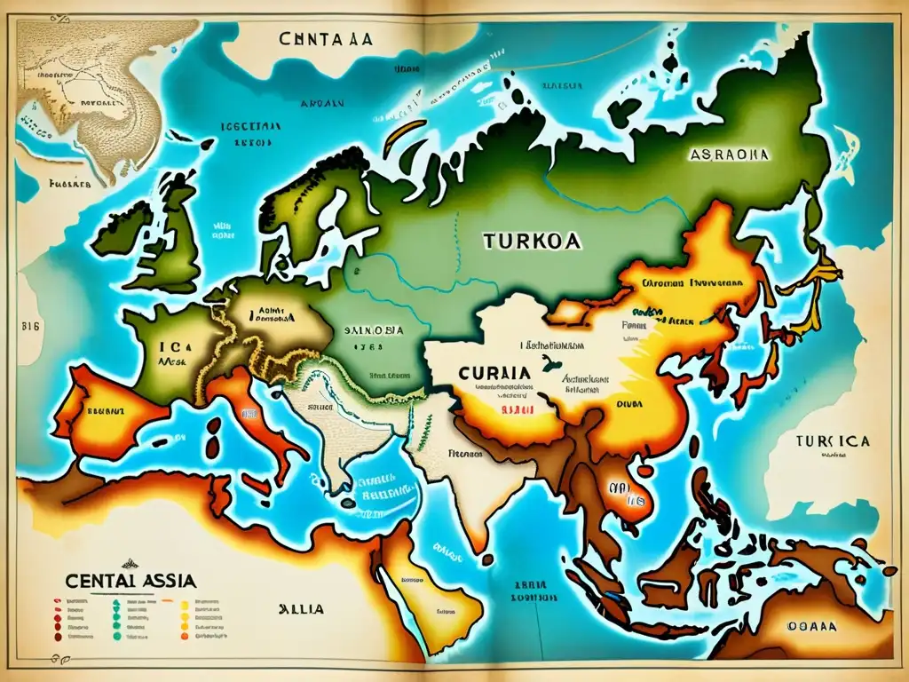 Mapa vintage de Asia Central con detalles del terreno, ciudades y rutas comerciales