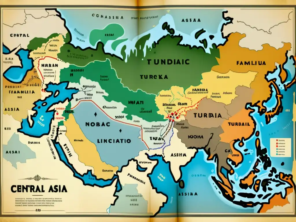 Mapa vintage de Asia Central con la evolución de las lenguas túrquicas y sus detalles, mostrando la diversidad y la historia de la región