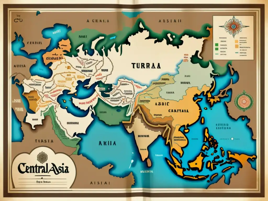 Mapa vintage de Asia Central con la evolución de las lenguas túrquicas, tonos terrosos y caligrafía ornamental, evocando herencia cultural y significado histórico