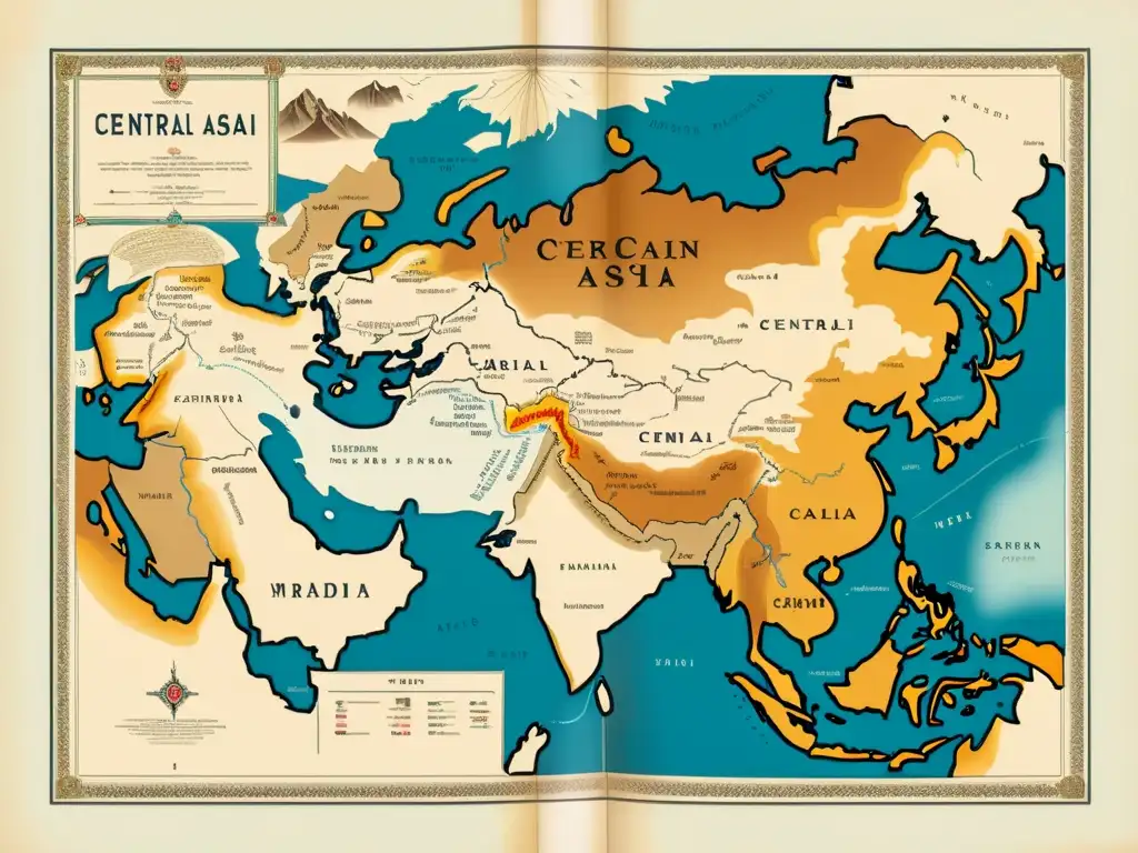 Mapa vintage de Asia Central, muestra la evolución de las lenguas túrquicas y la historia de la región