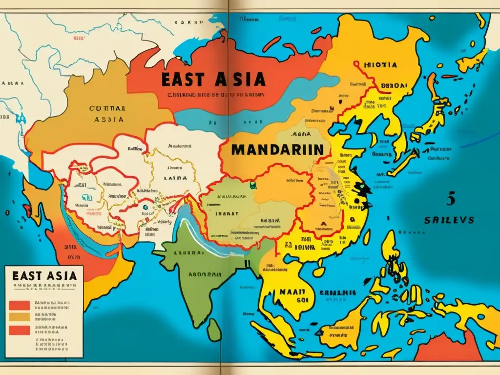 Mapa vintage de Asia Oriental muestra la expansión del chino mandarín, con ilustraciones detalladas y caligrafía china tradicional