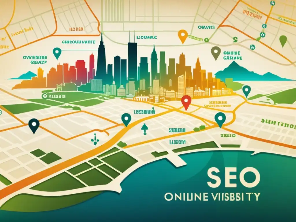 Un mapa vintage de una ciudad con puntos de datos y gráficos coloridos que resaltan estrategias de comunicación efectiva y marketing de localización