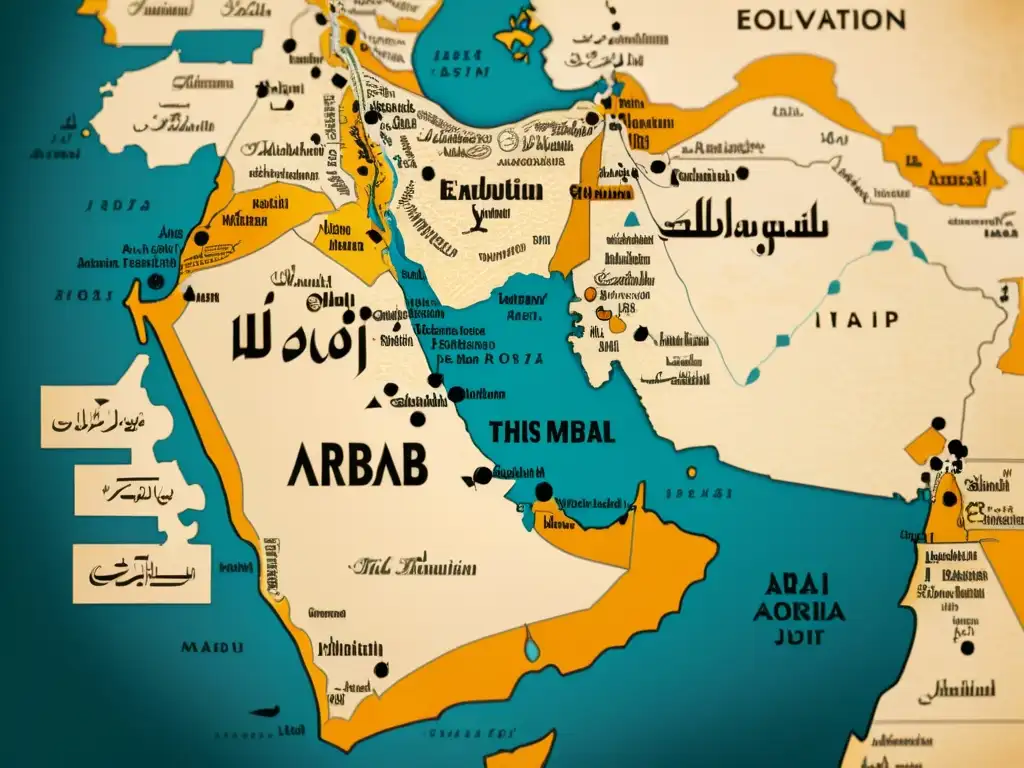 Mapa vintage de la transformación del árabe clásico en dialectos, con caligrafía detallada y tonos cálidos que evocan historia y tradición