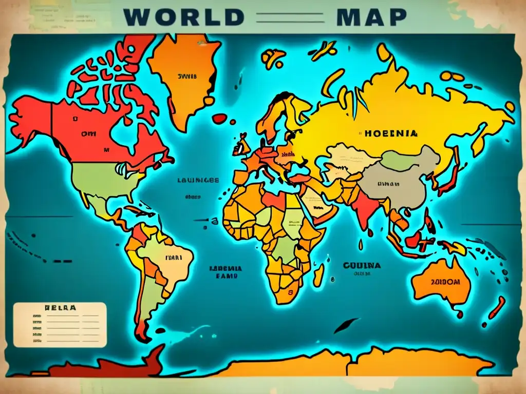 Mapa vintage con colores vibrantes destacando la diversidad lingüística y cultural a nivel global, impacto de la globalización