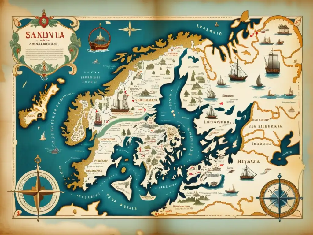 Mapa vintage de Escandinavia con comparativa dialectos escandinavos evolución, ilustraciones de barcos y runas nórdicas