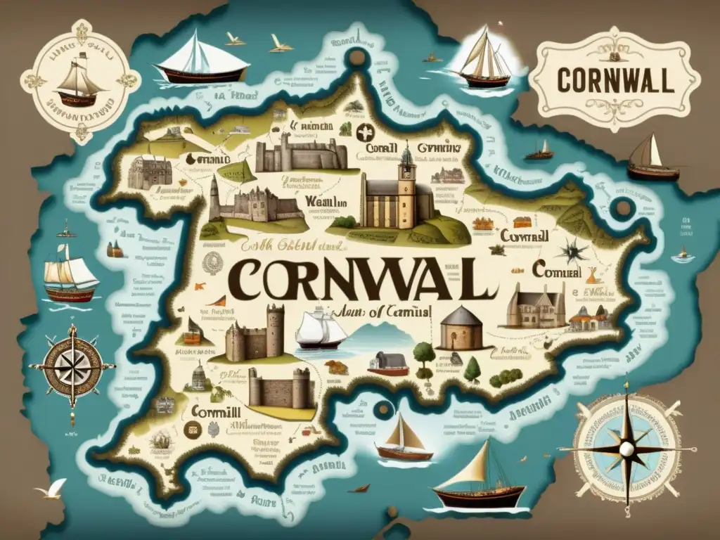 Mapa vintage de Cornwall con detalles fonológicos y particularidades del sistema del cornuallés, en tonos sepia y elegante caligrafía