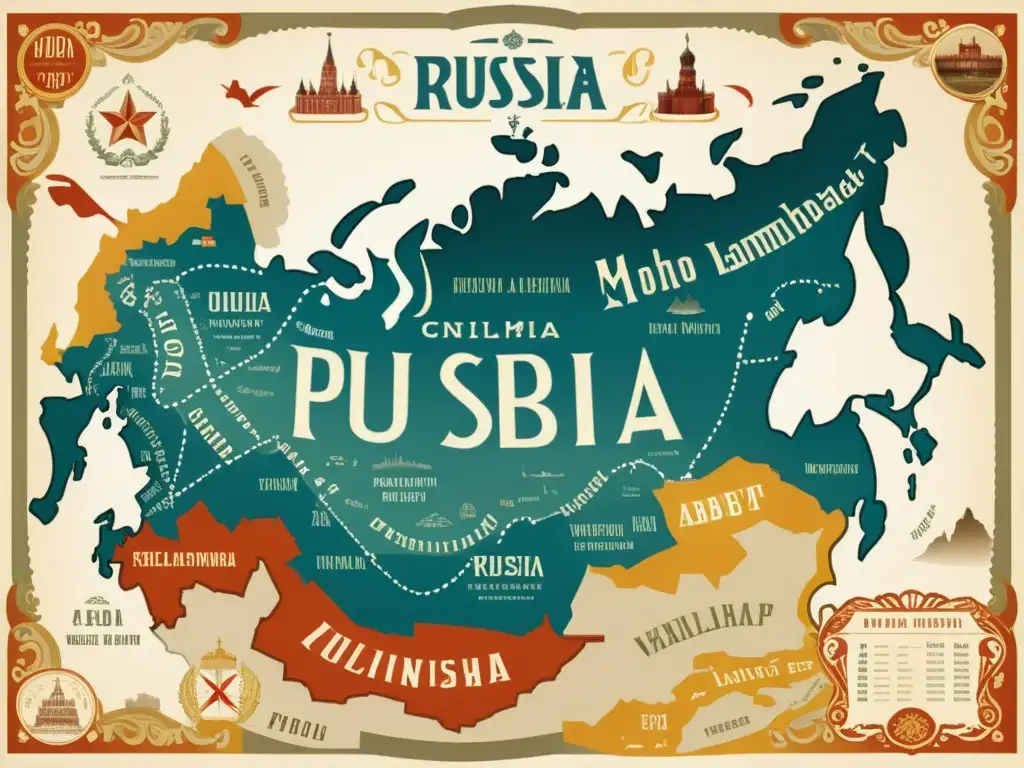 Mapa vintage detallado de Rusia con alfabeto cirílico y símbolos históricos