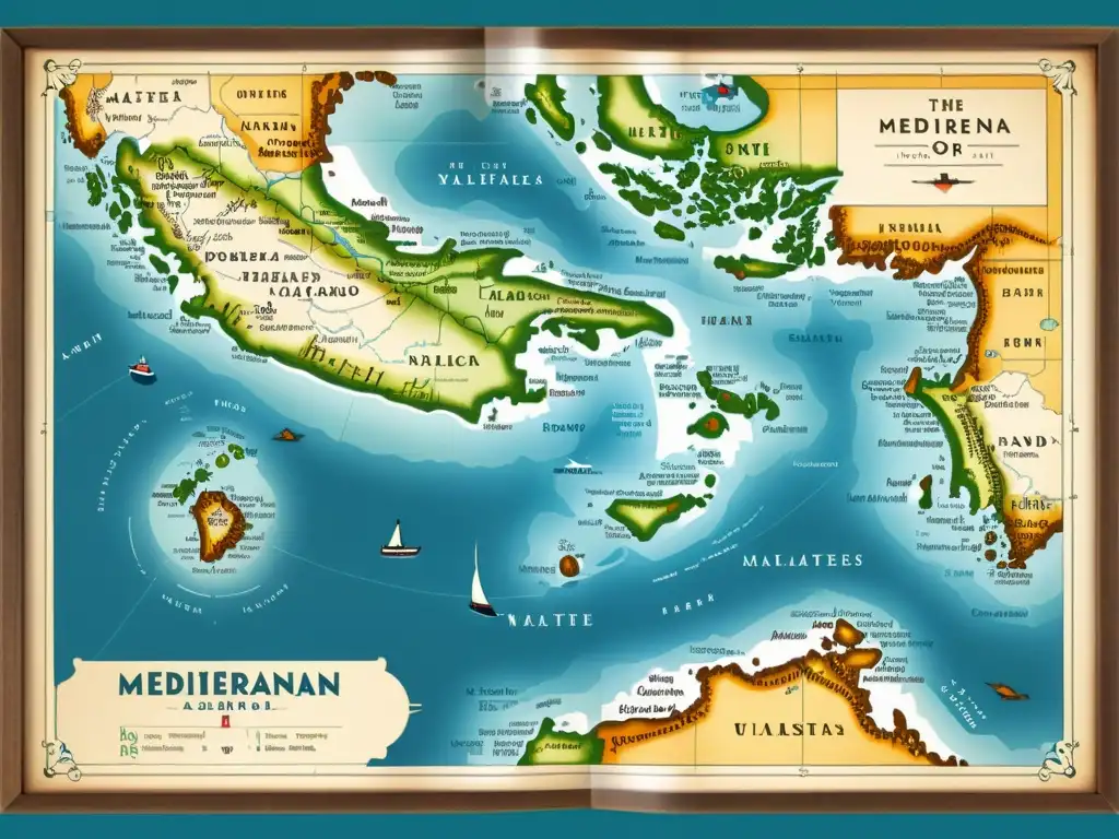 Un mapa vintage detallado del archipiélago maltés en tonos cálidos y envejecidos, evocando historia y riqueza cultural