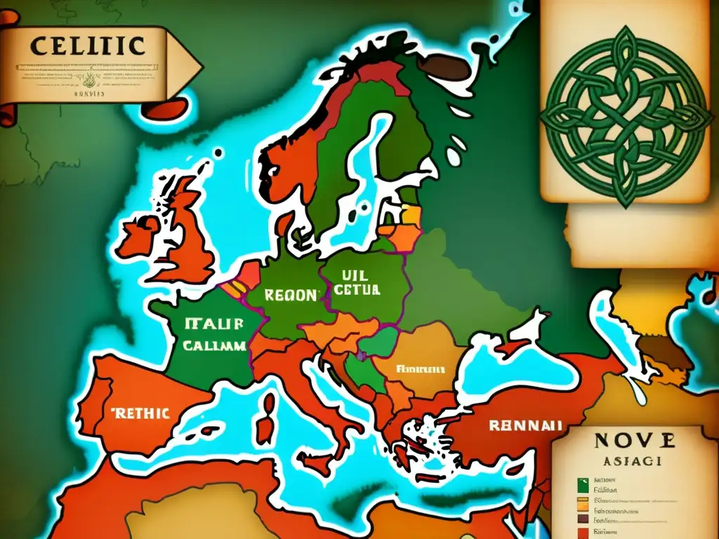 Mapa vintage detallado de la región celta en Europa, con símbolos y tonos terrosos