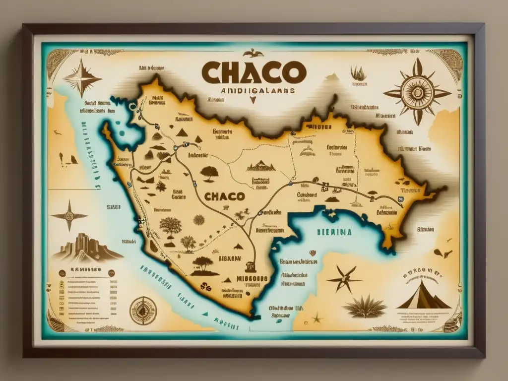 Mapa vintage detallado de la región del Chaco con flora, fauna y comunidades indígenas