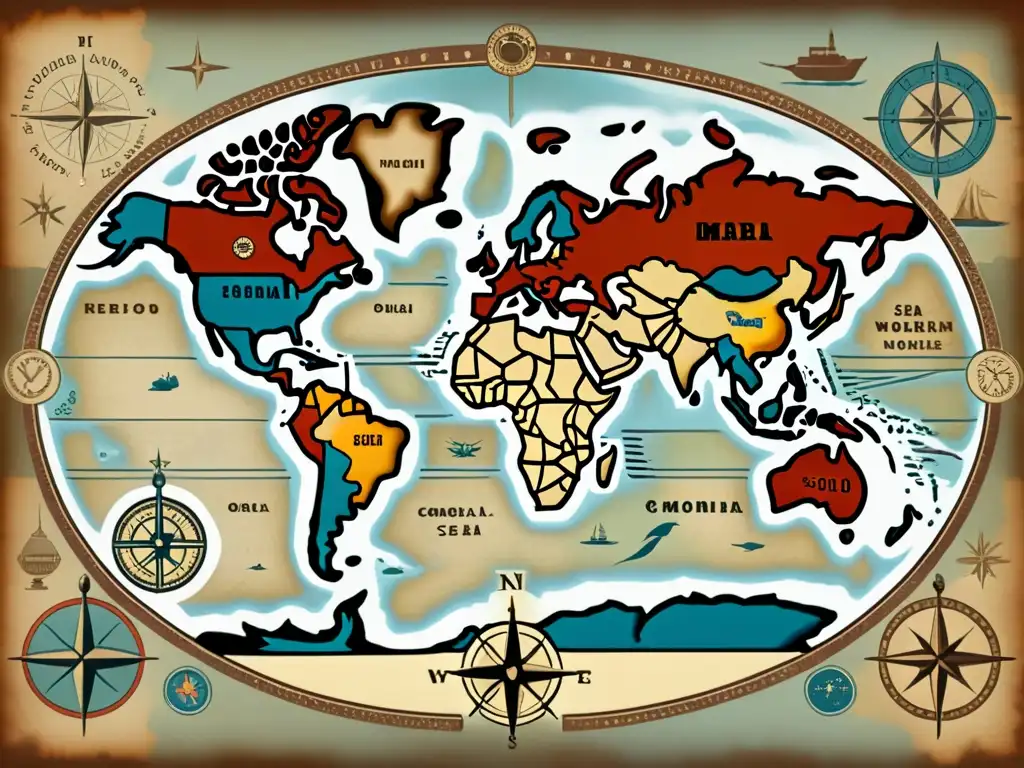 Mapa vintage detallado con continentes, países y ciudades, ilustraciones antiguas de barcos y brújulas, evocando exploración y conectividad global