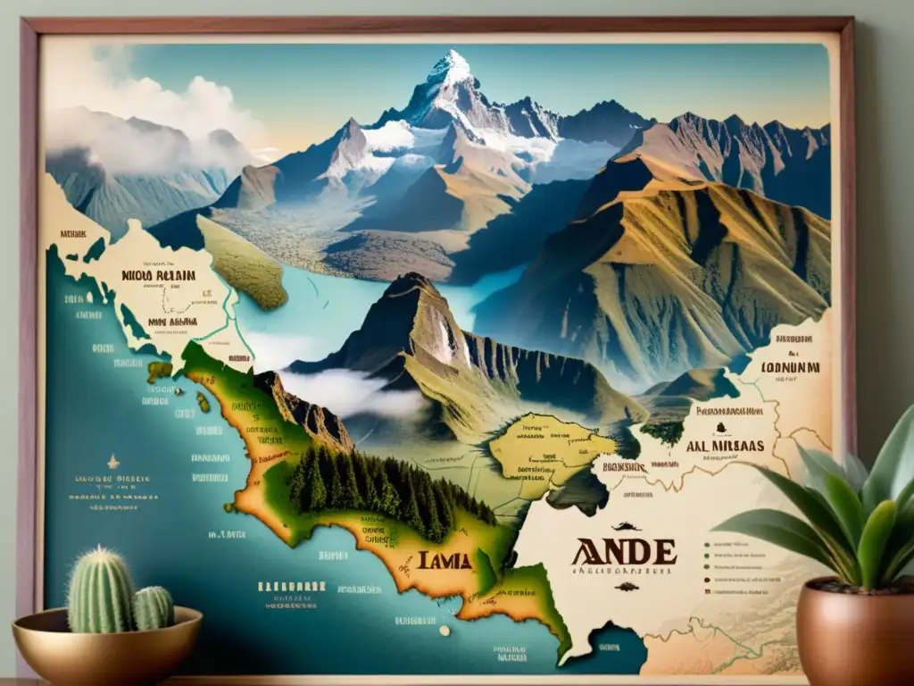 Un mapa vintage detallado de la cordillera de los Andes, con tonos terrosos y lenguas indígenas