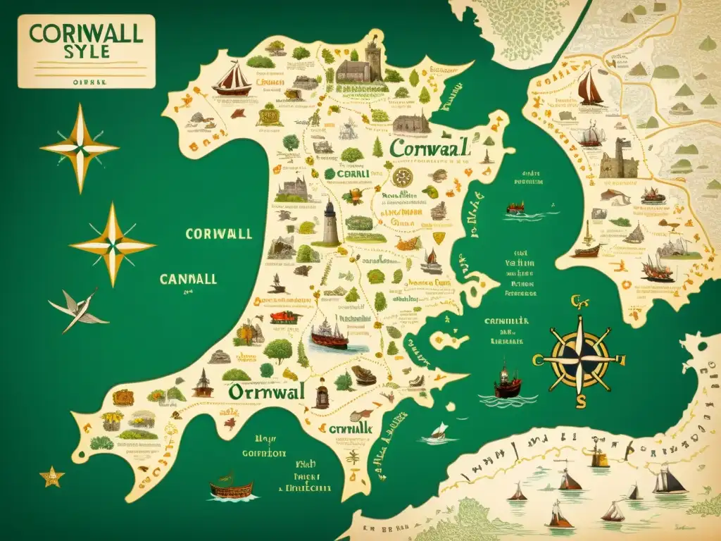 Mapa vintage detallado de Cornwall con el sistema fonológico del cornuallés y símbolos celtas, transmitiendo su riqueza cultural