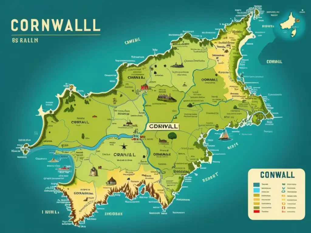 Un mapa vintage detallado de Cornwall, muestra influencias geográficas y lingüísticas en el sistema fonológico del cornuallés