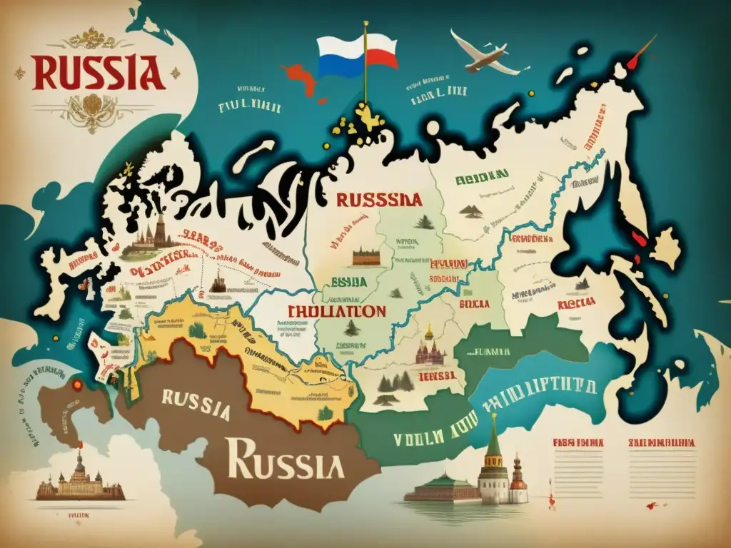 Mapa vintage detallado de Rusia, con dialectos y elementos culturales tradicionales