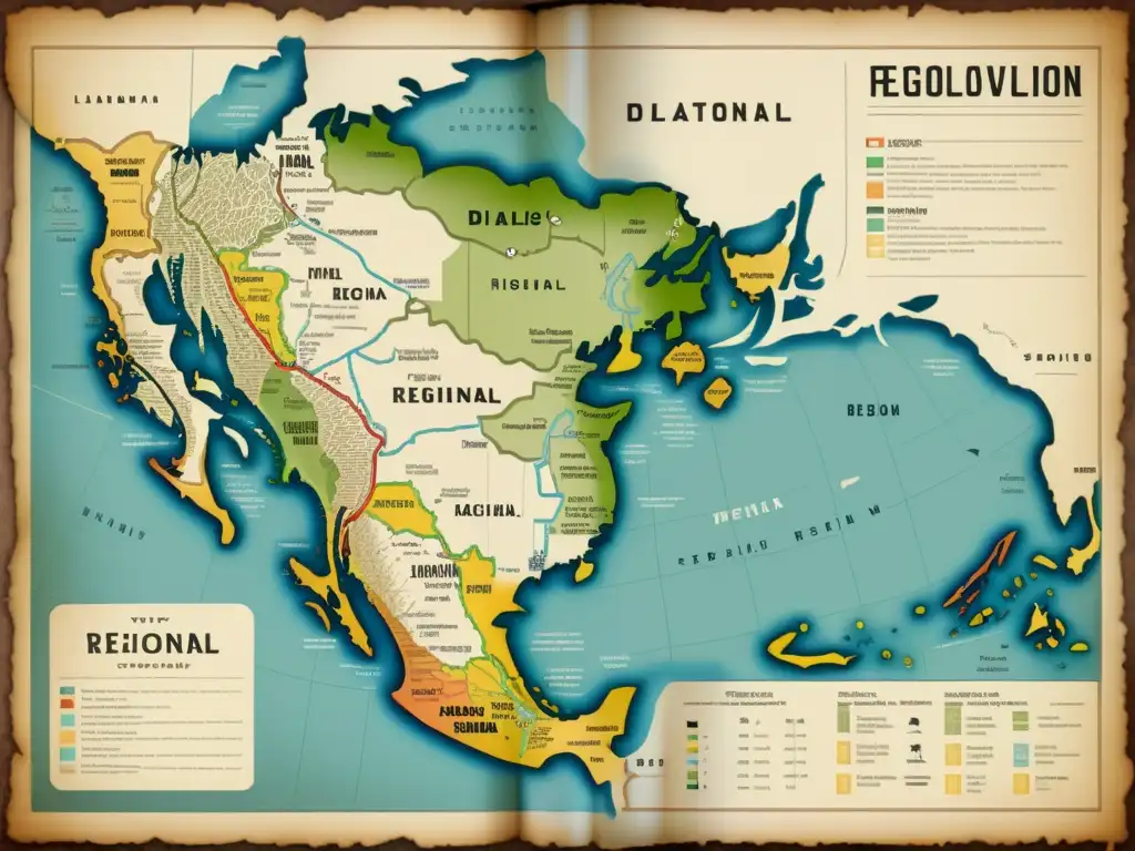 Mapa vintage detallado de la evolución histórica de dialectos regionales, mostrando cambios sociales y redefinición lingüística