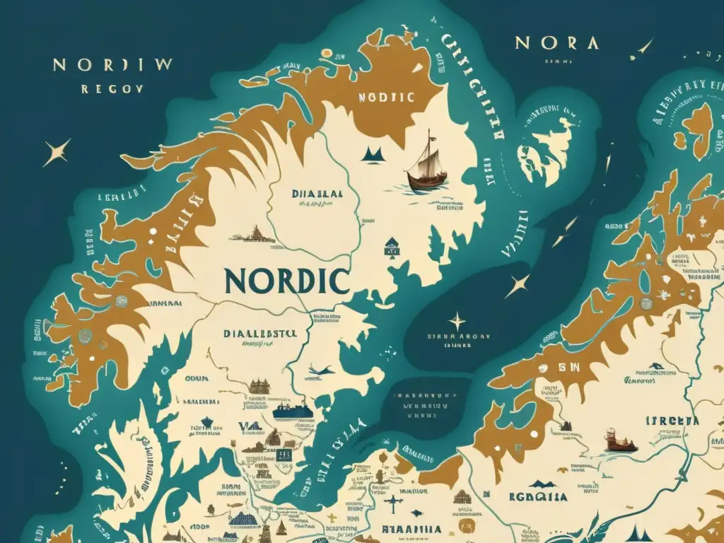 Un mapa vintage detallado de la región nórdica, con dialectos, símbolos vikingos y un aspecto de antiguo manuscrito