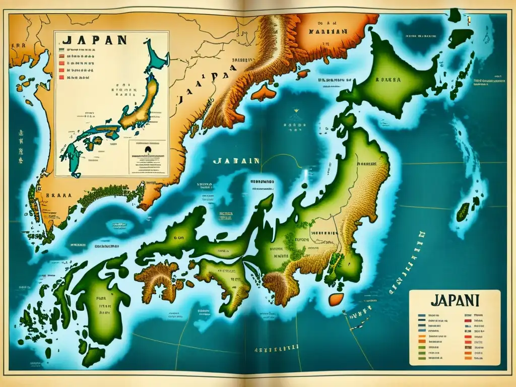 Un mapa vintage detallado de Japón con dialectos regionales y caligrafía tradicional, perfecto para entender la diversidad lingüística