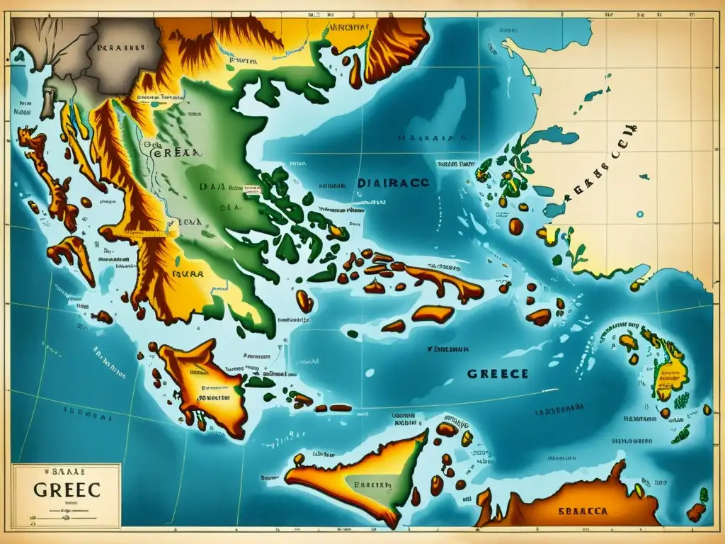 Un mapa vintage detallado de Grecia con dialectos griegos, enriquecido con colores cálidos que evocan la rica historia y tradición