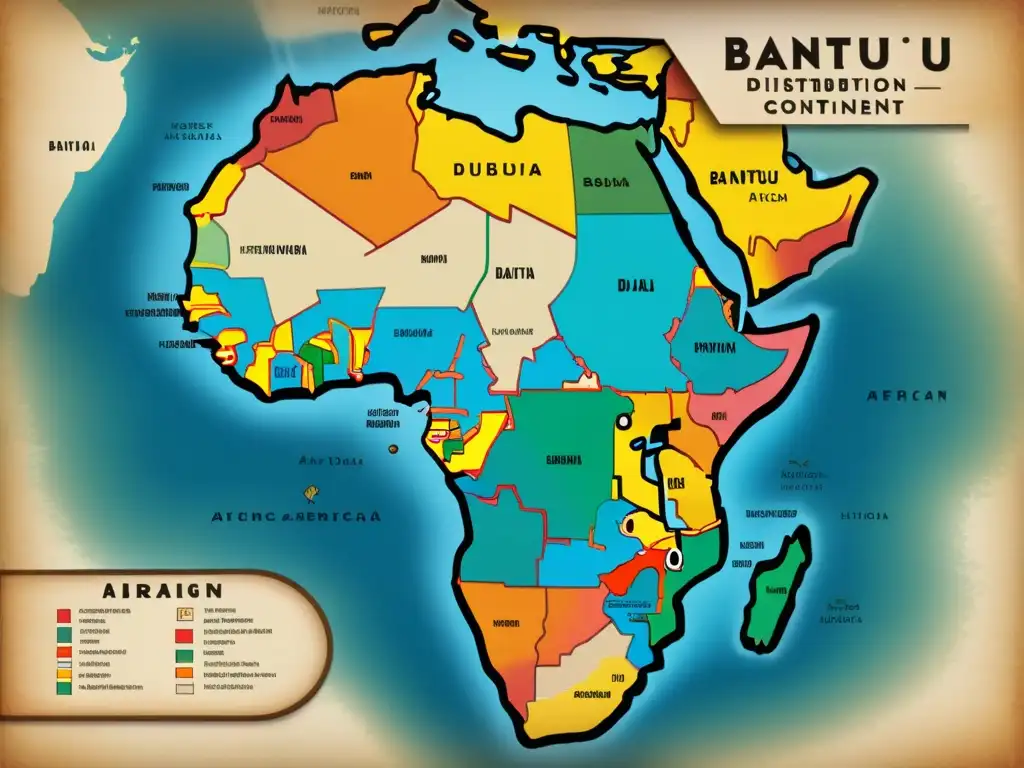 Mapa vintage detallado de la distribución de dialectos bantúes en África, resaltando la diversidad lingüística