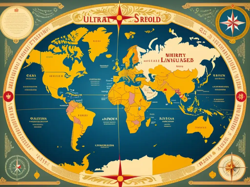 Un mapa vintage detallado en 8K muestra la distribución de lenguas minoritarias del mundo con intrincada caligrafía y coloridos detalles culturales