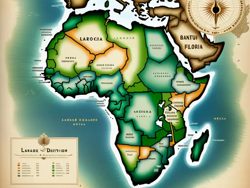 Un mapa vintage detallado de la distribución de lenguas Bantú en África, con tonos terrosos y caligrafía delicada