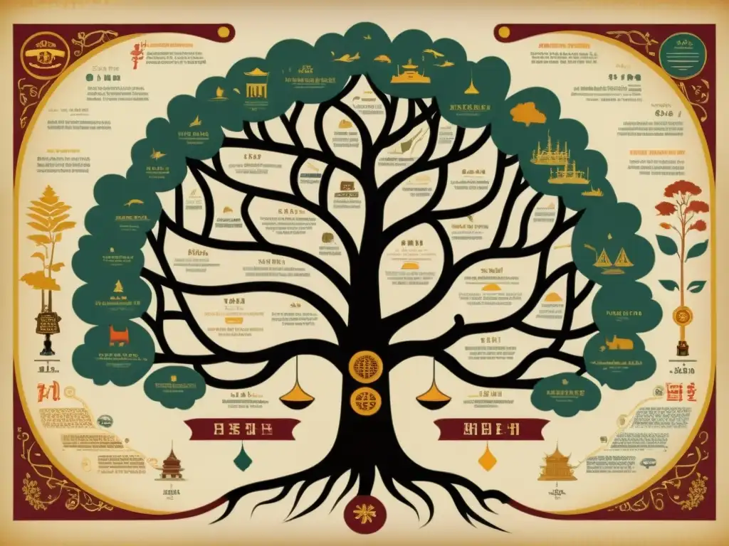 Mapa vintage detallado de la familia lingüística SinoTibetana, con paleta sonora y rica ornamentación cultural