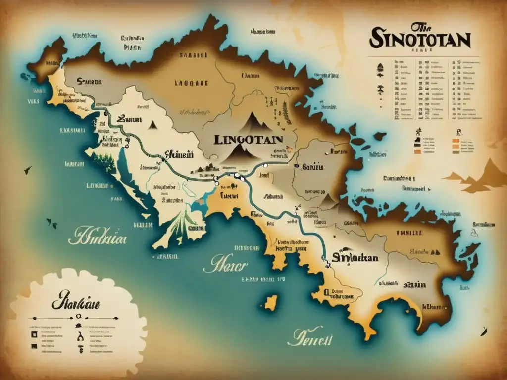 Mapa antiguo: Familia lingüística SinoTibetana Mapa vintage detallado de la familia lingüística SinoTibetana con tonos terrosos y caligrafía delicada