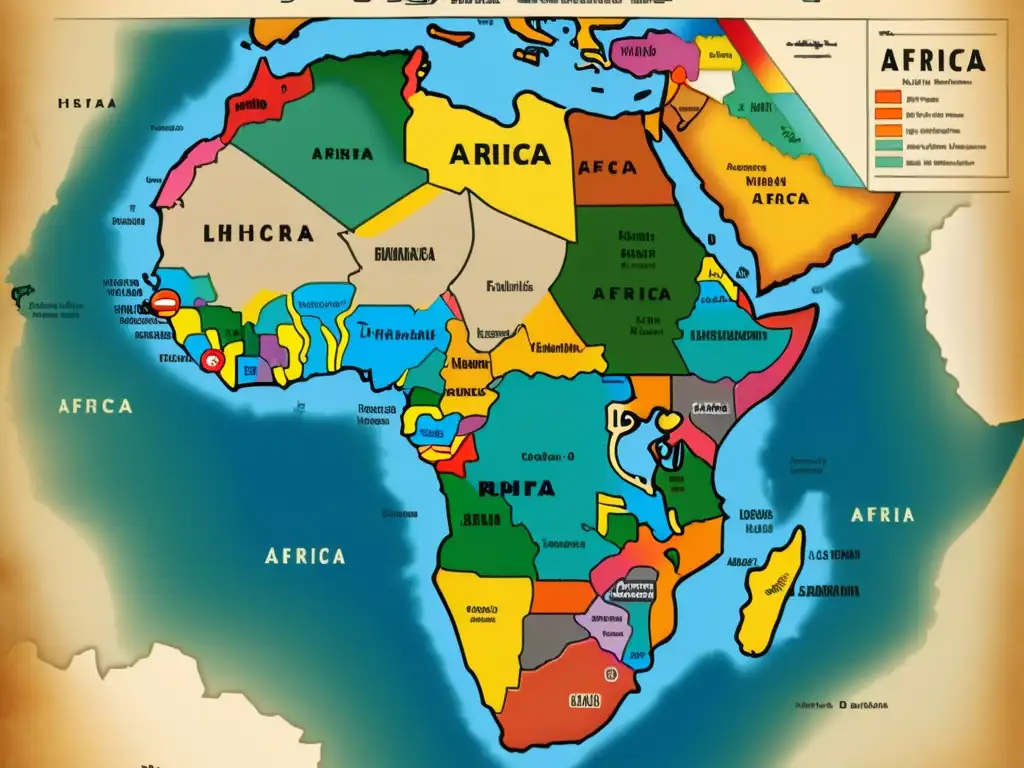 Un mapa vintage detallado de África muestra las familias lingüísticas y su distribución, con ilustraciones y caligrafía