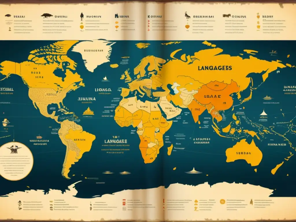 Un mapa vintage detallado ilustrando la evolución histórica de idiomas y dialectos, desafiando la noción de hablar