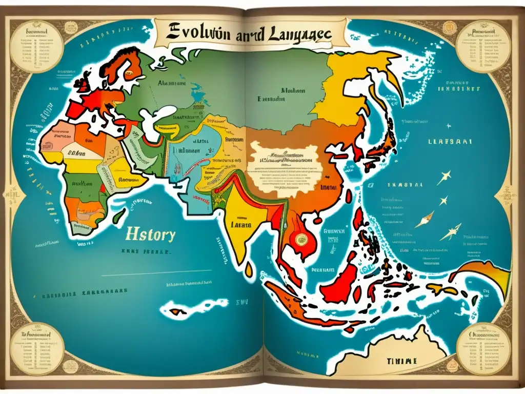 Mapa vintage detallado de la evolución de idiomas artificiales a lo largo de la historia, con ilustraciones de figuras clave y eventos significativos