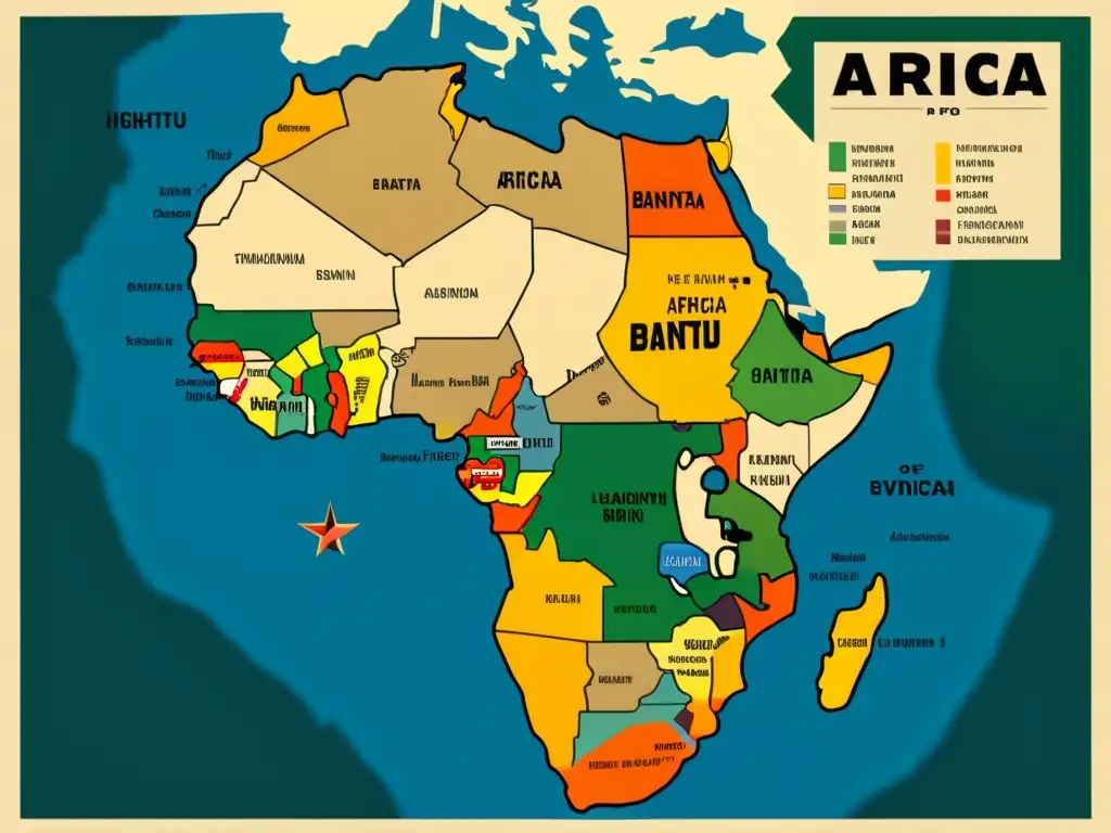 Mapa vintage detallado de África con ilustraciones de las lenguas Bantú, destacando la importancia del acento rítmico y la diversidad lingüística