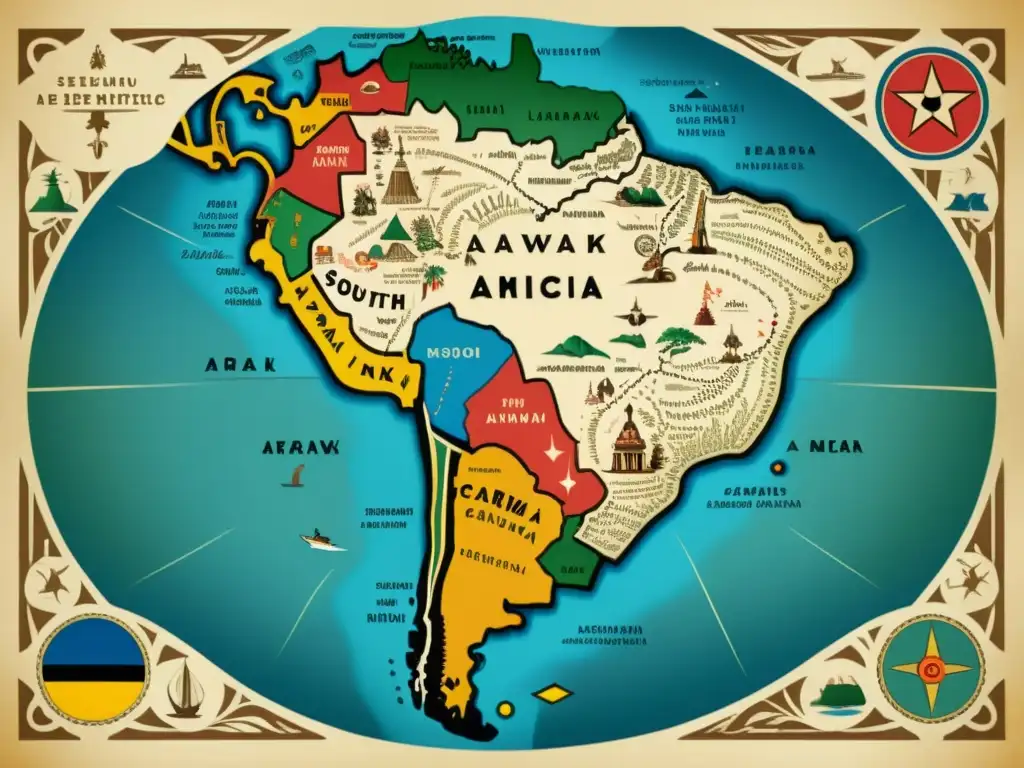 Un mapa vintage detallado de Sudamérica con ilustraciones de la presencia de los idiomas arawak y símbolos que representan su riqueza cultural