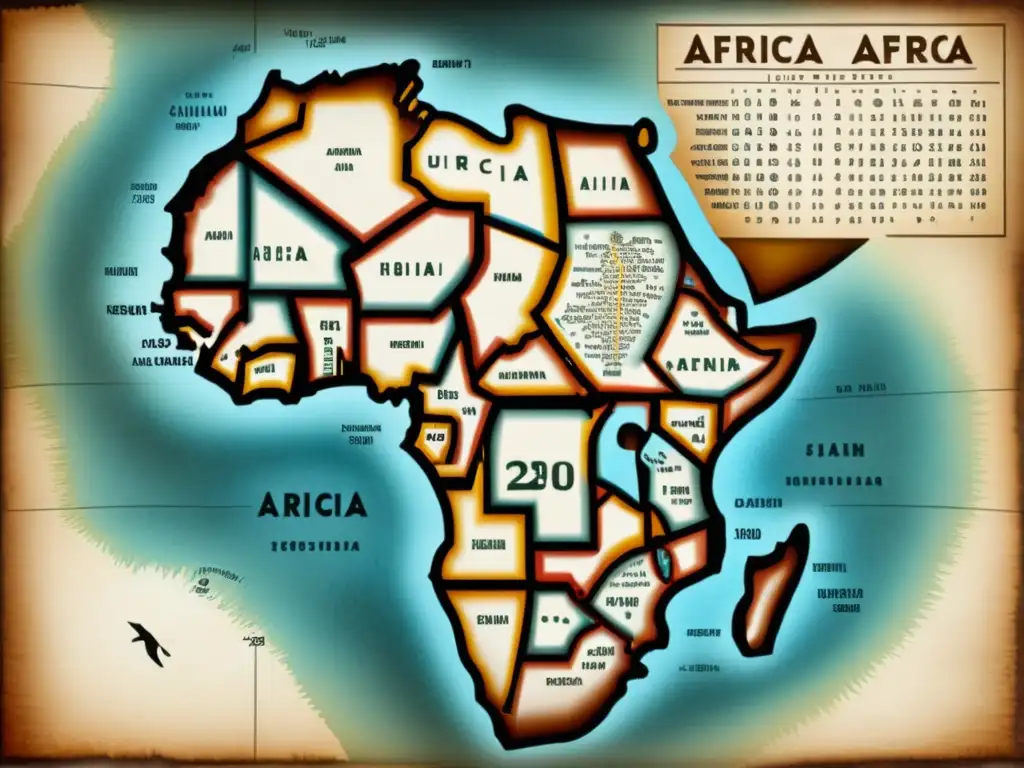 Mapa vintage detallado de África con ilustraciones de lenguas africanas y símbolos numéricos