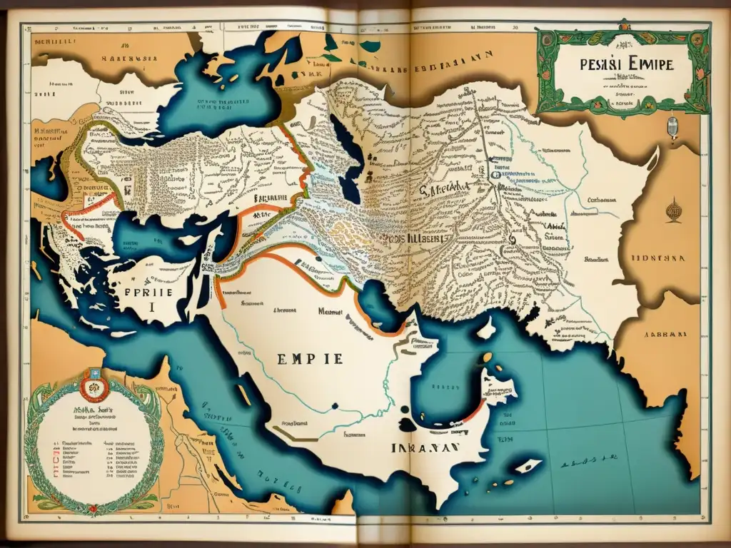 Un mapa vintage detallado del Imperio Persa, mostrando la influencia del idioma persa en las lenguas indoarias