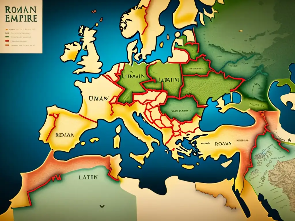 Mapa vintage detallado del Imperio Romano en 8k, mostrando la influencia del latín clásico en variantes de lenguas romances